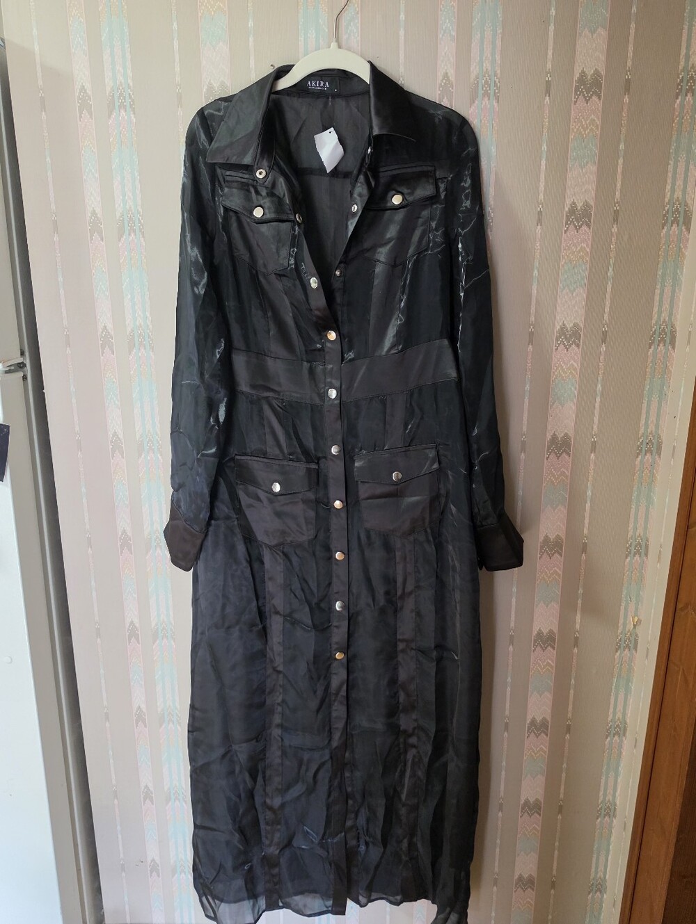 Black Satin Long Button-Front Duster Coat